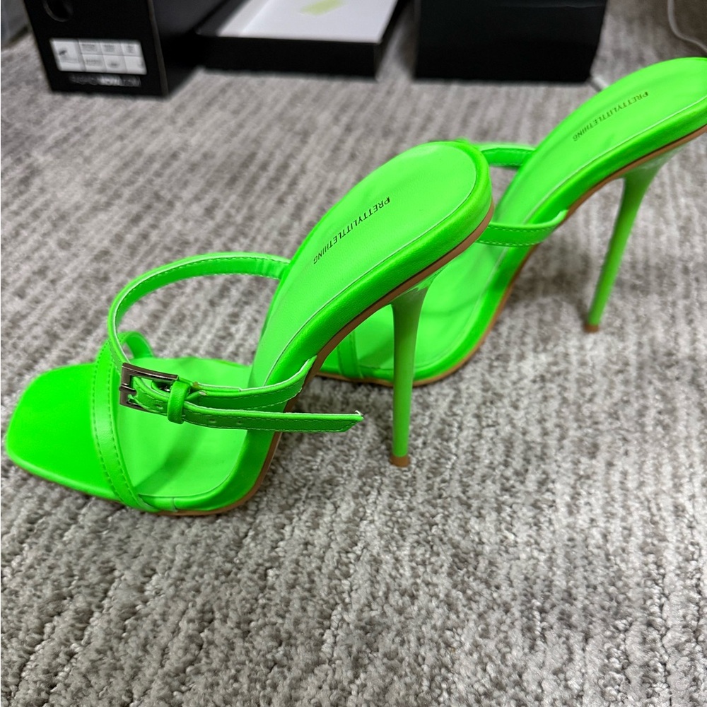 Lime PU Square Toe Double Strap Buckle Detail High Heeled Mules